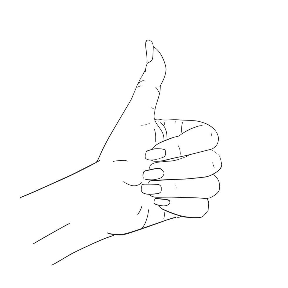 gesto de mano, pulgar hacia arriba, boceto de línea, libro de colorear. mano blanca femenina dibujada a mano con uñas rojas. pegatina, diseño de impresión vector stock ilustración aislado sobre fondo blanco.