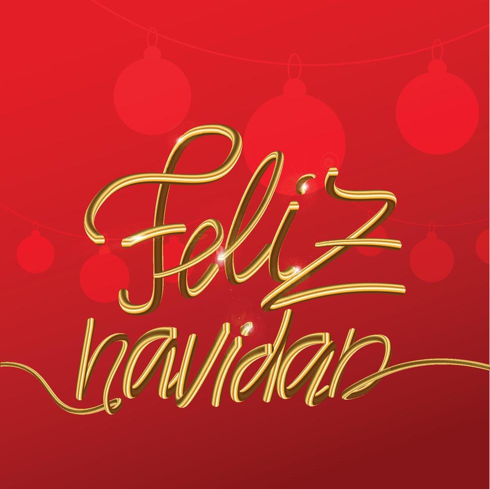 Feliz Navidad Spanish Merry Christmas holiday golden decoration and calligraphy 3D font for greeting card red background. Vector Christmas or New Year golden shiny gift Xmas decoration design.