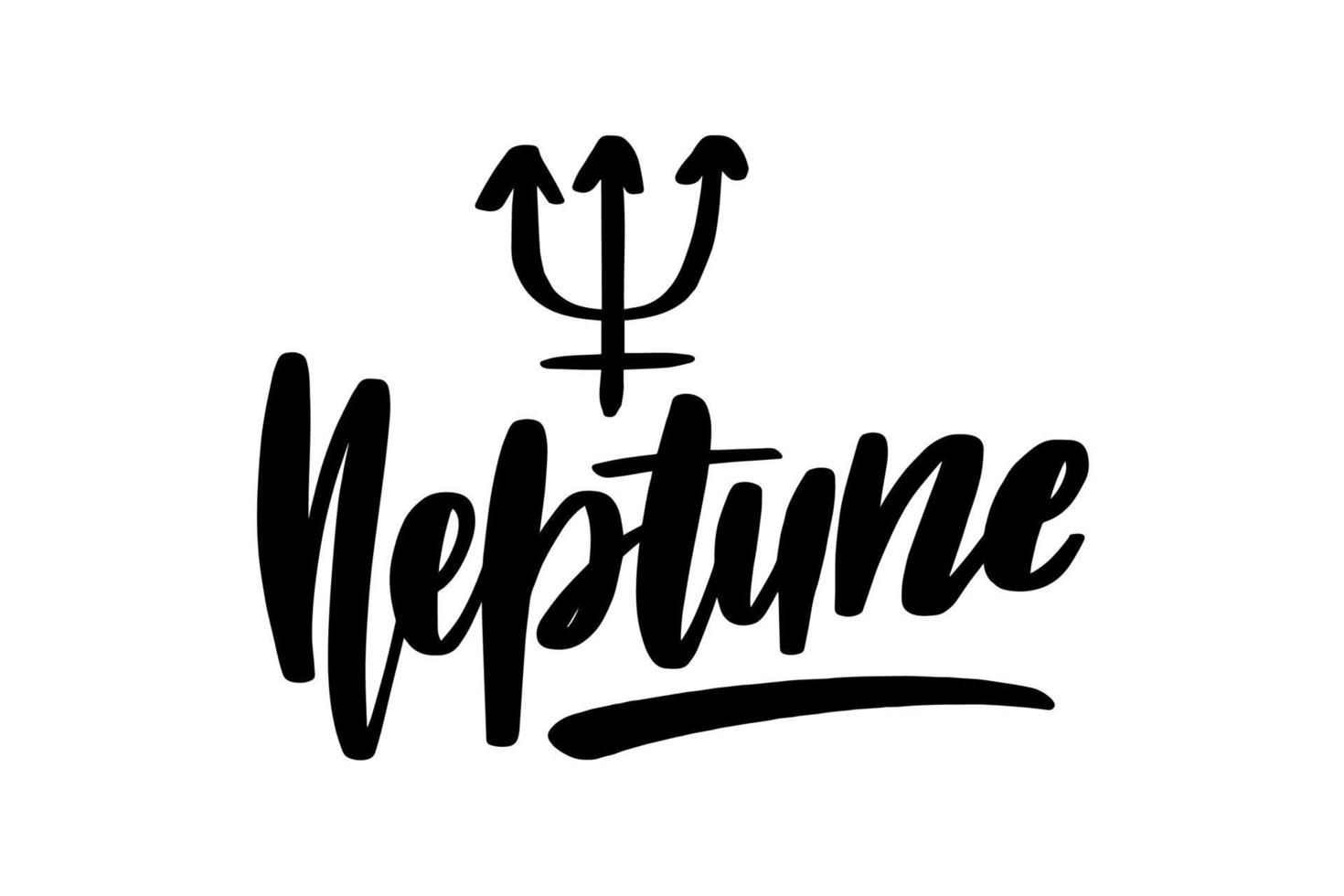 The glyph of the Neptune planet. Black ink handwriting. Astrology natal birth chart symbol. Inspirational brush lettering. Vector stock illustration isolated on white background.