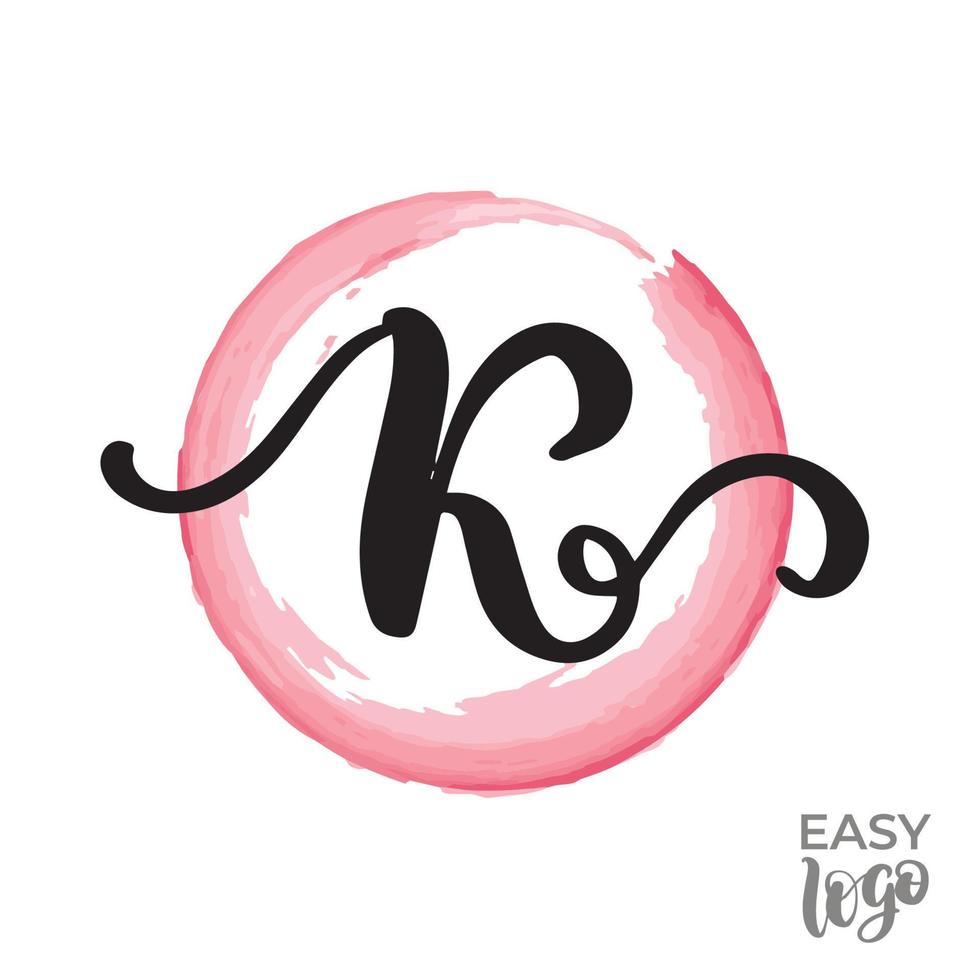 Abstract handwritten calligraphy letter K logo design template. Universal icon. Pink watercolour circle on background. vector