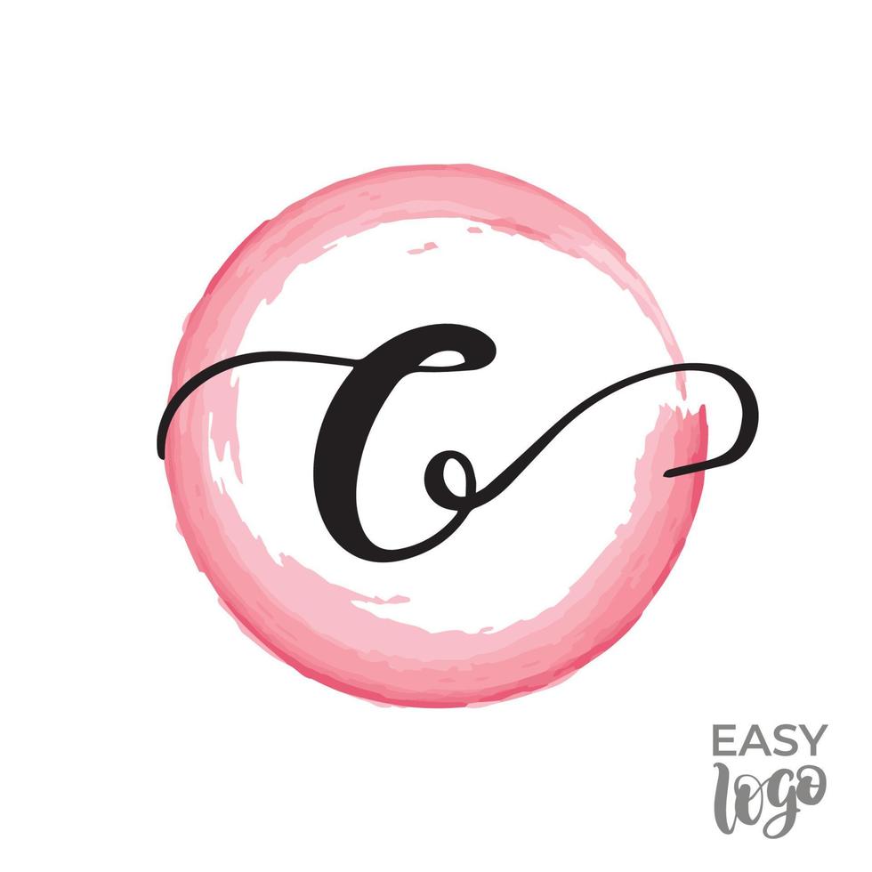 Abstract handwritten calligraphy letter C logo design template. Universal icon. Pink watercolour circle on background. vector