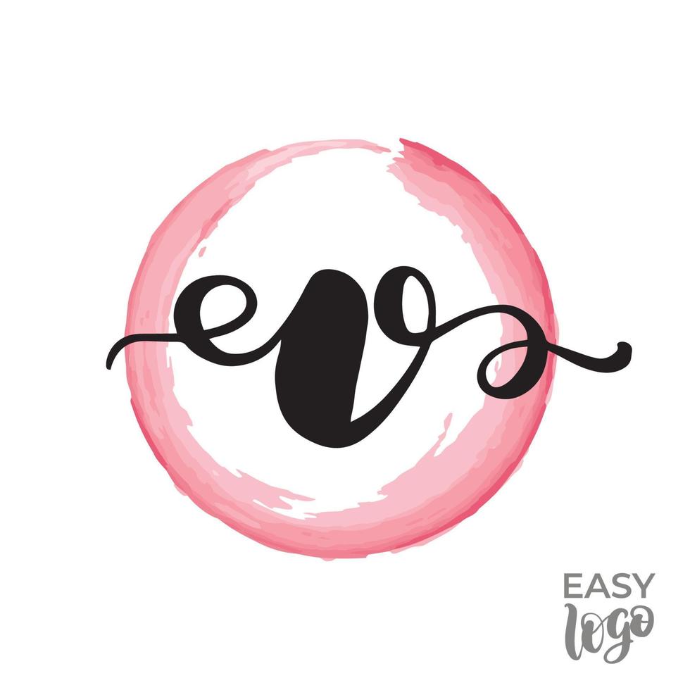 Abstract handwritten calligraphy letter V logo design template. Universal icon. Pink watercolour circle on background. vector