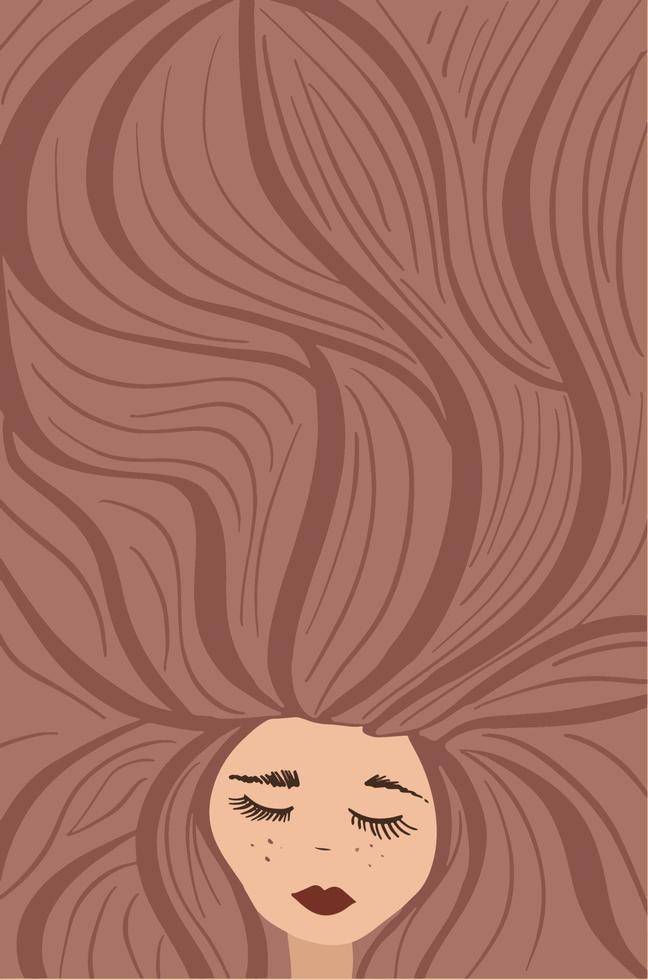Sleeping girl with freckles and very long brown hair, brunette. Vector stock illustration, postcard, print, business card, certificate. Dreamy concept for a hairdresser, colorist.