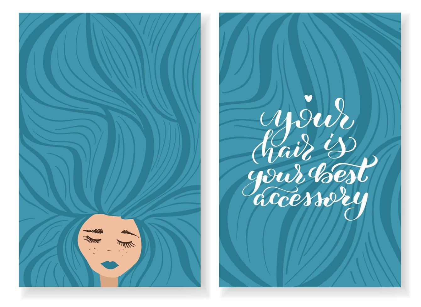 Sleeping girl with freckles and very long blue hair. Lettering inscription. Vector stock illustration, postcard, print, business card, certificate. Dreamy concept for a hairdresser, colorist.