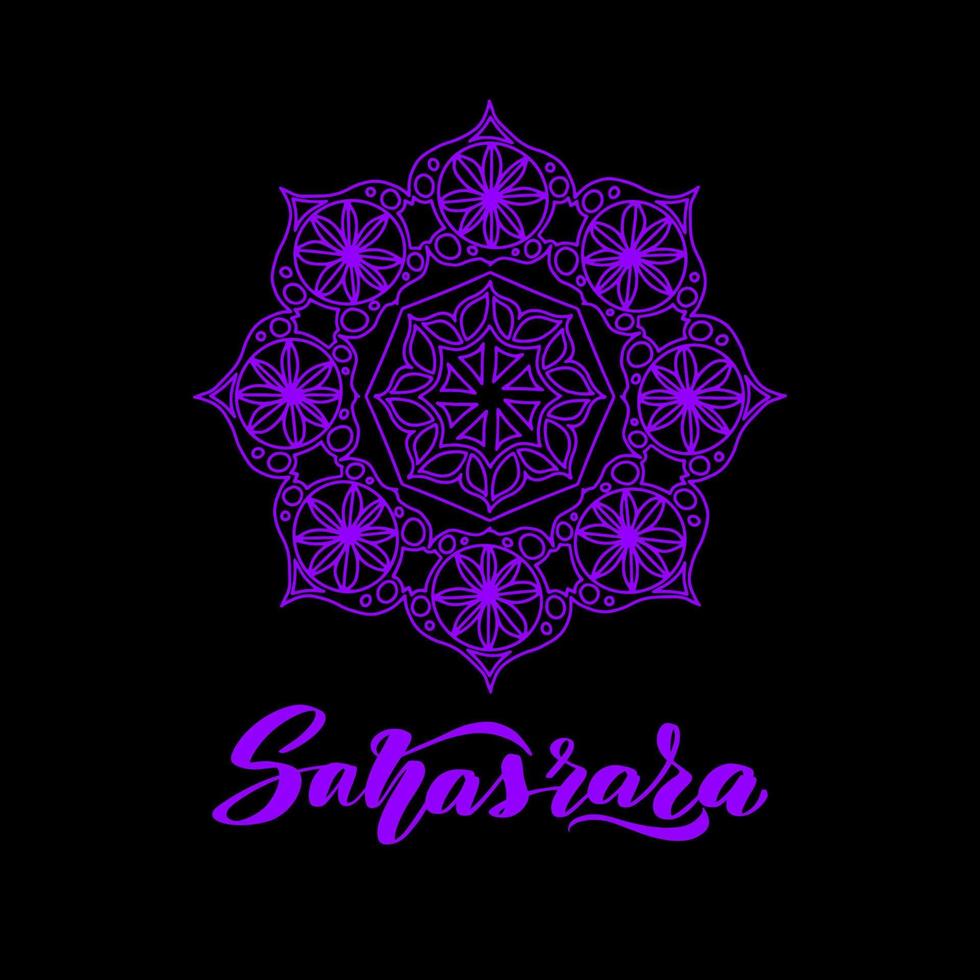 Vector illustration with symbol Sahasrara - Crown chakra on black background. Round mandala pattern and hand drawn lettering. Colored.