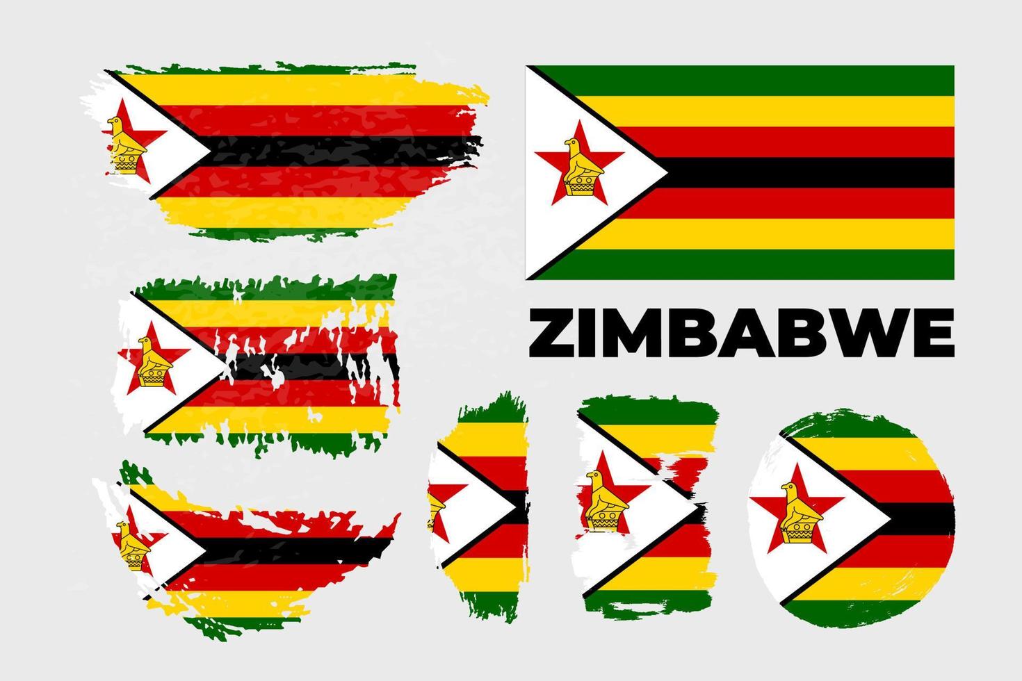 Grunge style brush painted Zimbabwe country flag illustration. Independence day. Artistic watercolor brush flag vector stock set.