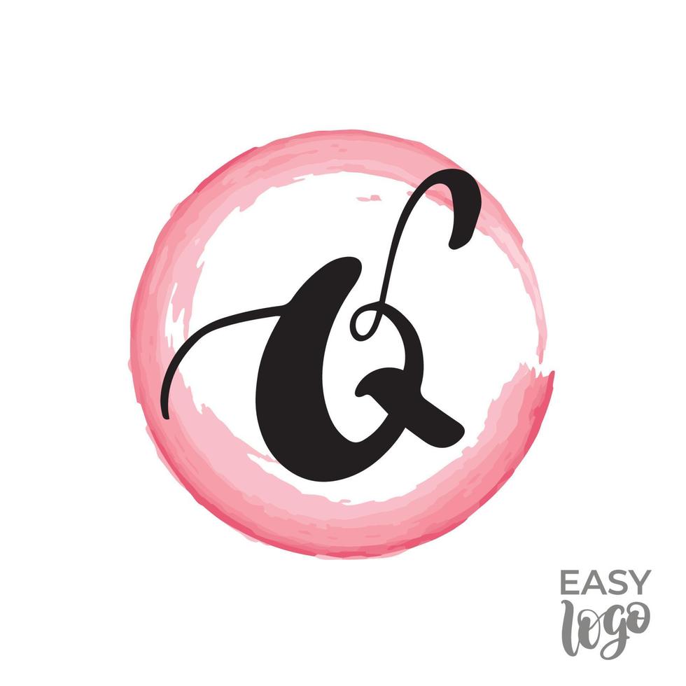 Abstract handwritten calligraphy letter Q logo design template. Universal icon. Pink watercolour circle on background. vector