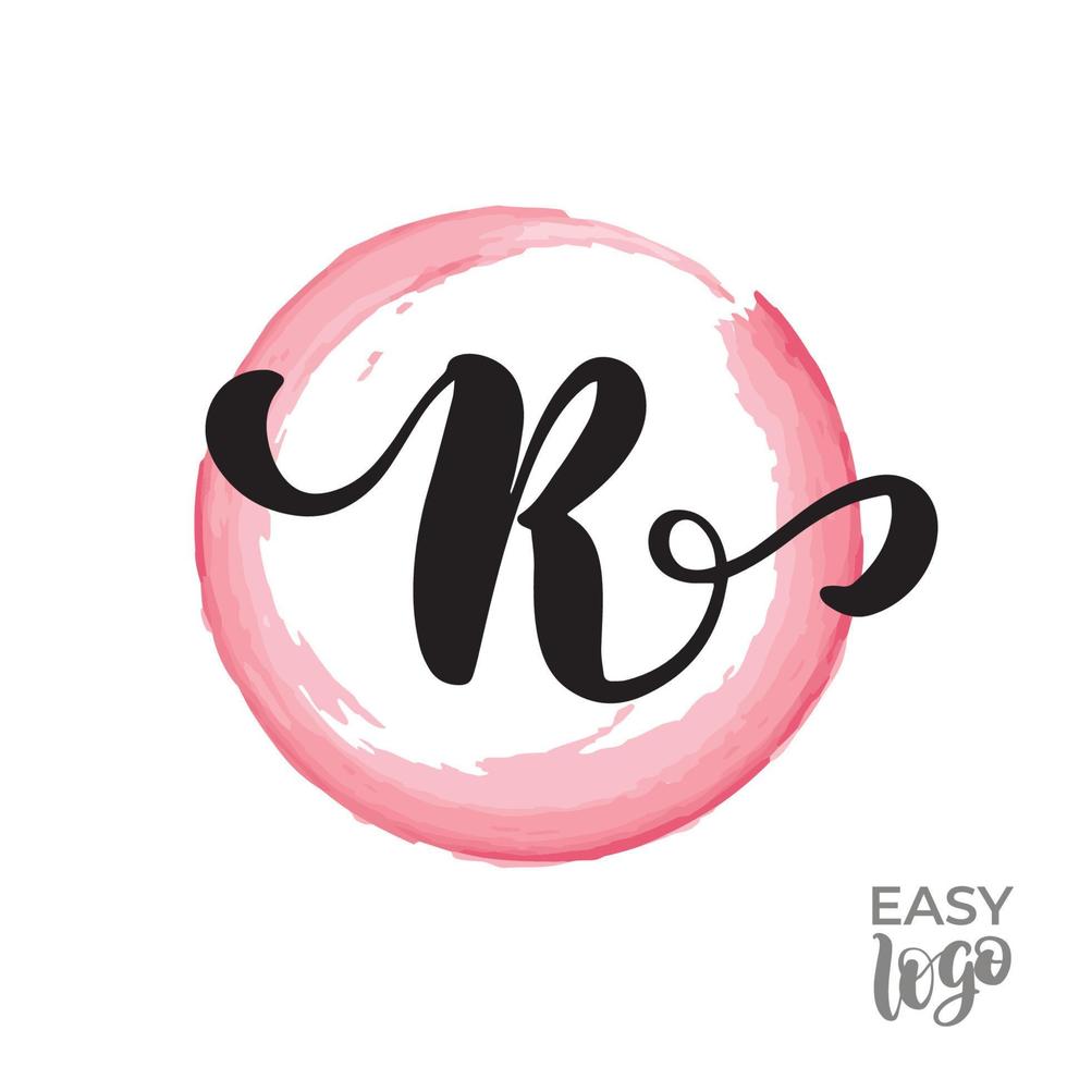 Abstract handwritten calligraphy letter R logo design template. Universal icon. Pink watercolour circle on background. vector
