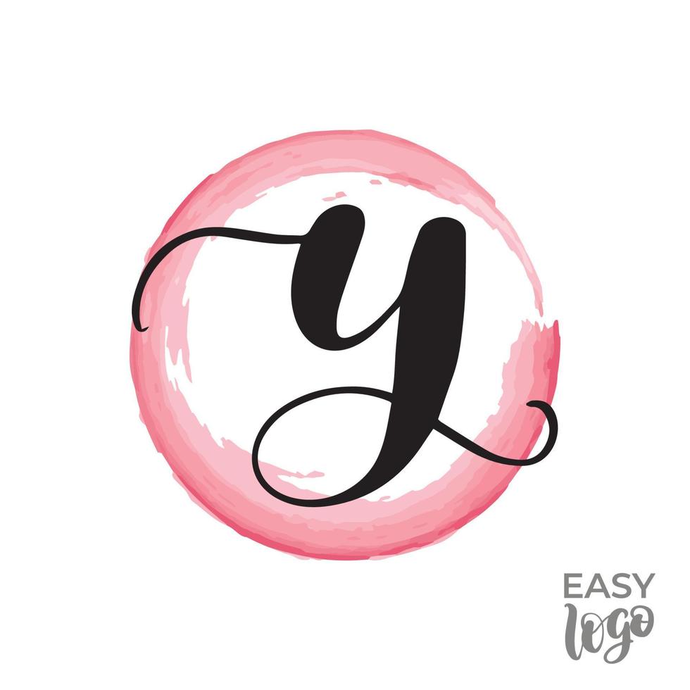 Abstract handwritten calligraphy letter Y logo design template. Universal icon. Pink watercolour circle on background. vector