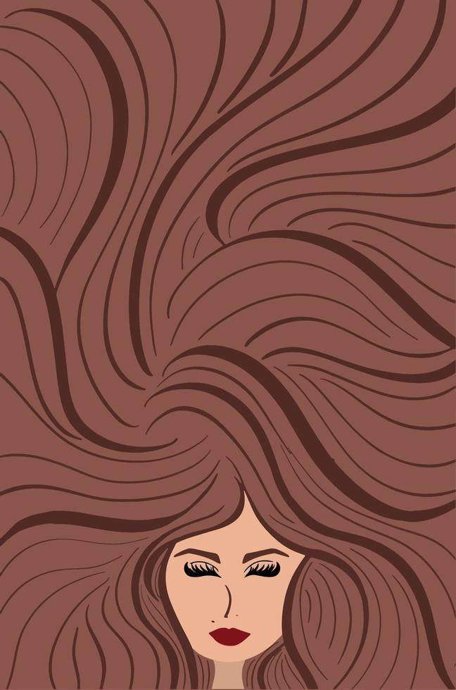 Sleeping girl with freckles and very long brown hair, brunette. Vector stock illustration, postcard, print, business card, certificate. Dreamy concept for a hairdresser, colorist.