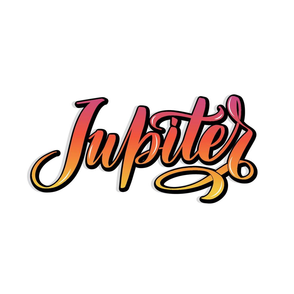 Jupiter. Isolated inscription. Multicolor bright hand drawn calligraphy typography letters for print, school textbook, astronomy lesson, astrological services. Stock vector illustration picture.