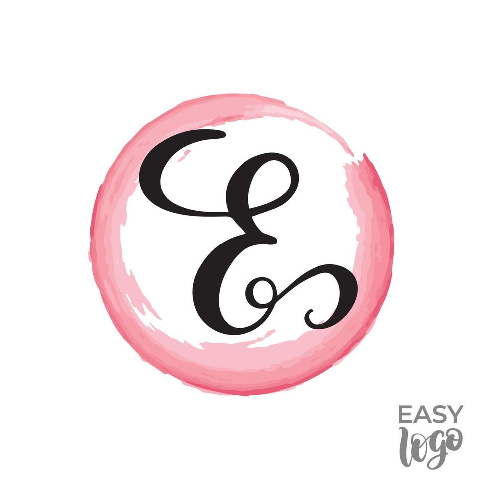 Abstract handwritten calligraphy letter E logo design template. Universal icon. Pink watercolour circle on background. vector