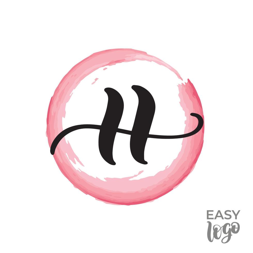 Abstract handwritten calligraphy letter H logo design template. Universal icon. Pink watercolour circle on background. vector