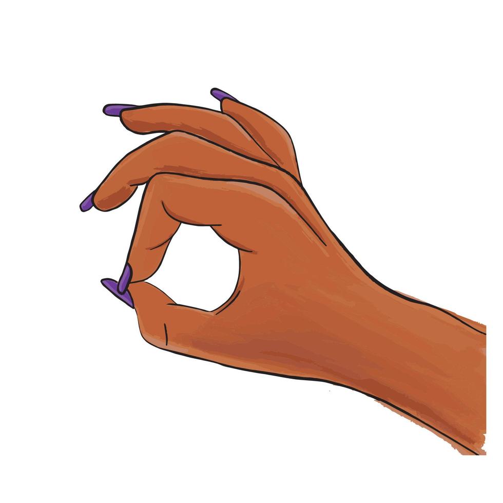 Female afro american hand showing ok, on a white background, purple nails. Vector stock illustration, fingers showing symbol of a great state. Isolated sketch style, hand drawn illustration, pop art.