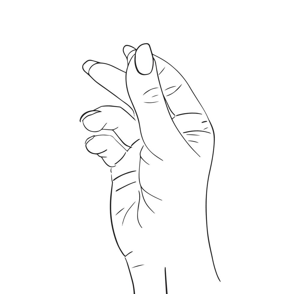 Hand drawn female hand with snapping finger gesture. Flash tattoo, blackwork, sticker, patch or print design vector stock illustration isolated on white background. Minimalism style, sketch, line.