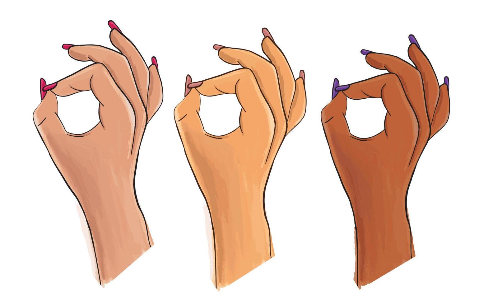Pop art OK hand sign isolated on white background. Woman hand showing okay hand gesture. Vector stock illustration. White, asian and afro american hands. Sign for web, poster, info graphic.