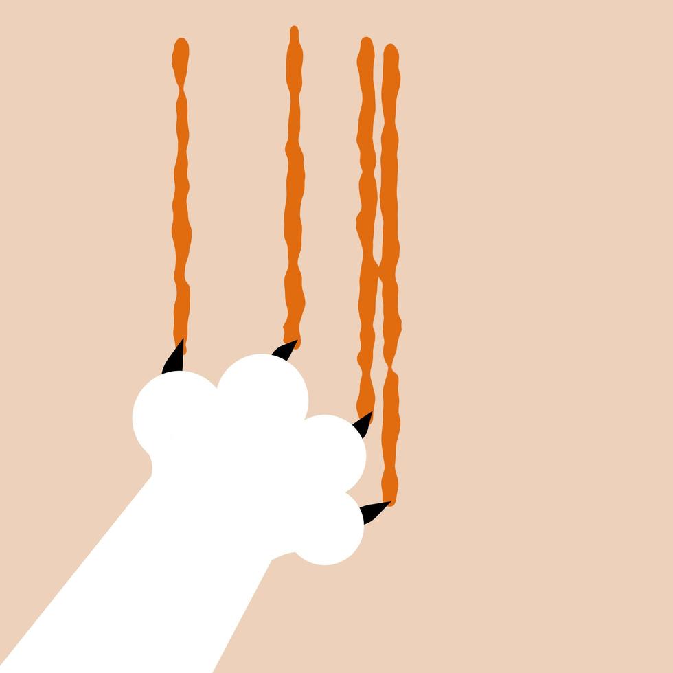 Cartoon flat illustration - white cat foot. cut a scratch with a blood trail. vector