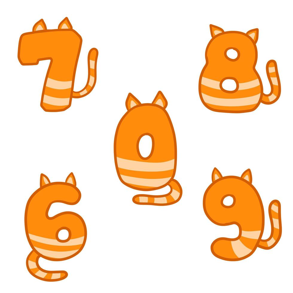 Set of numbers. Striped red cats. Animal tail. Teaching children mathematic vector