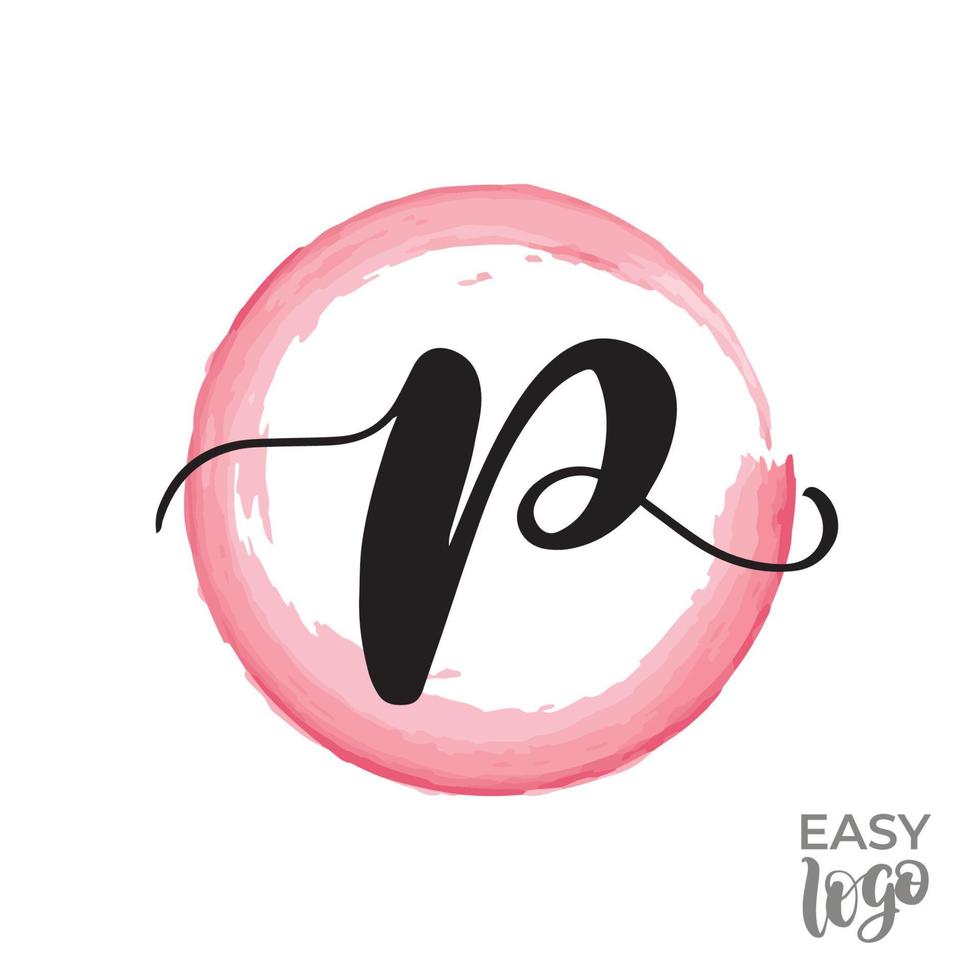Abstract handwritten calligraphy letter P logo design template. Universal icon. Pink watercolour circle on background. vector