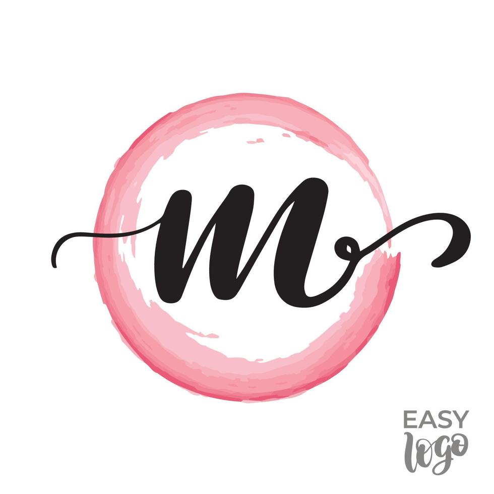 Abstract handwritten calligraphy letter M logo design template. Universal icon. Pink watercolour circle on background. vector