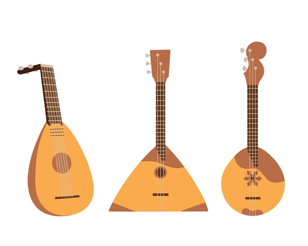 Stringed musical instruments domra, lute, balalaika. Illustration for printing, backgrounds, packaging, greeting cards, posters, textile and seasonal design. Isolated on white background. vector