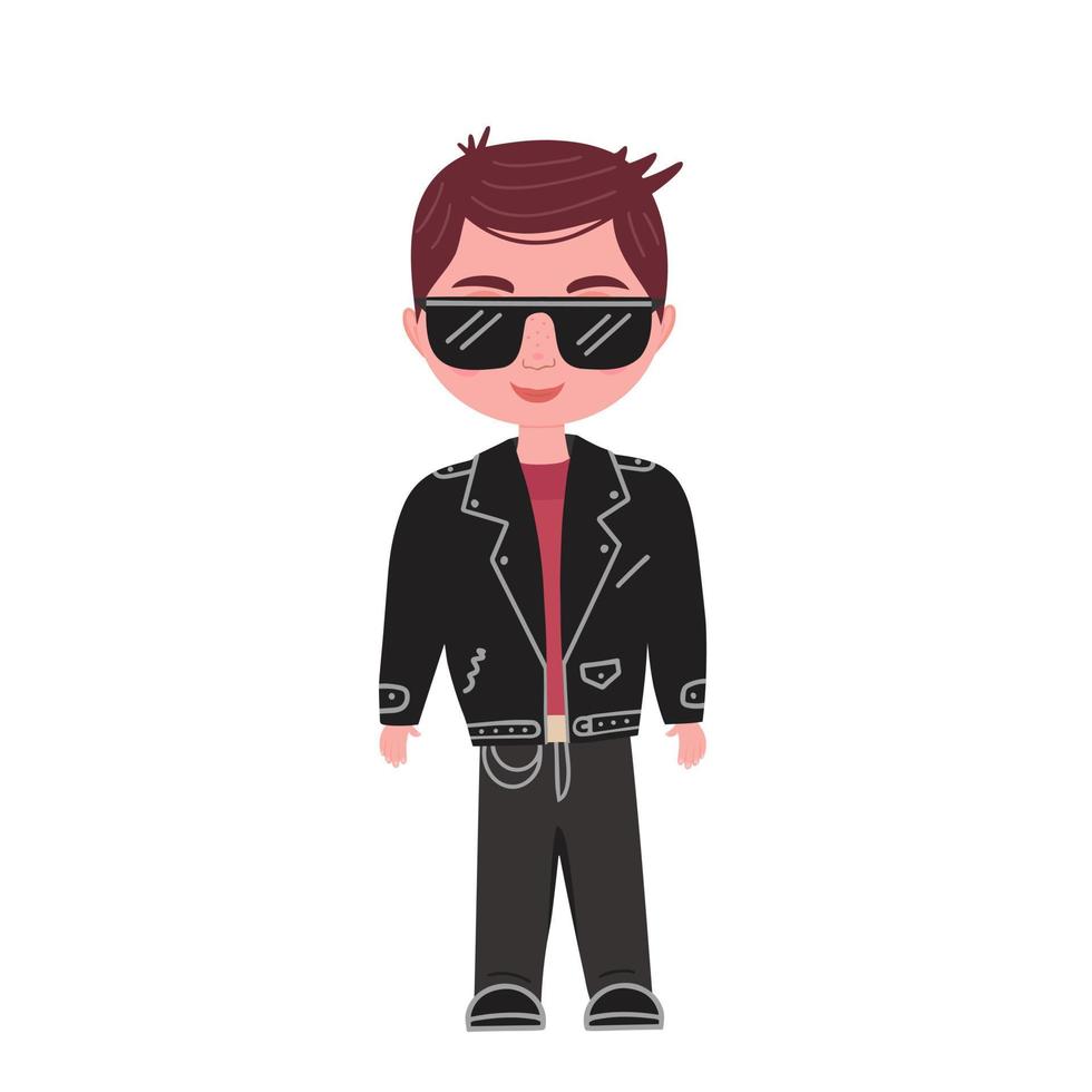 chico de moda con chaqueta de cuero con gafas de sol. ilustración para impresión, fondos, embalaje, tarjetas de felicitación, carteles, pegatinas, textil y diseño de temporada. aislado sobre fondo blanco. vector