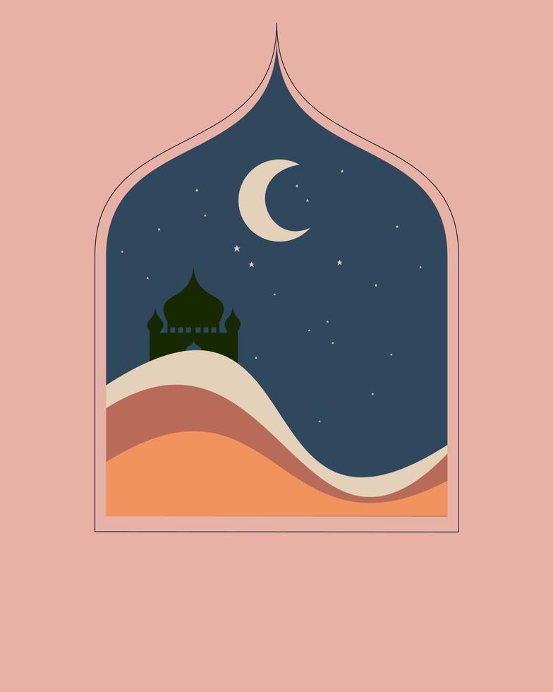 modern style Ramadan Mubarak greeting card with pastel colors, retro design, moon, mosque dome and lantern, vector
