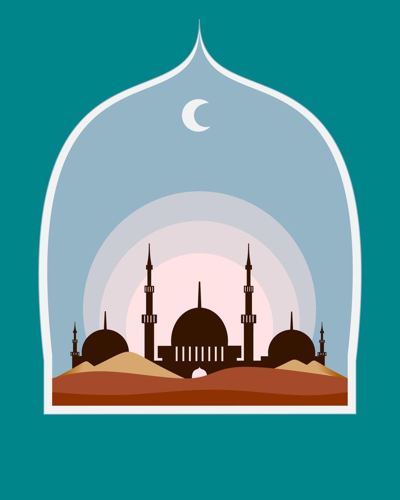 modern style Ramadan Mubarak greeting card with pastel colors, retro design, moon, mosque dome and lantern, vector