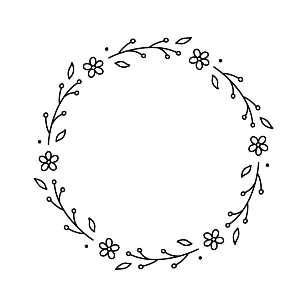 Spring floral wreath isolated on white background. Round frame with flowers. Vector hand-drawn illustration in doodle style. Perfect for cards, invitations, decorations, logo, various designs.