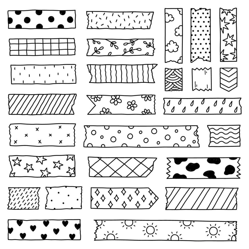 Set of washi tape strips with various cute designs isolated on white background. Scotch paper sticker. Vector hand-drawn illustration in doodle style. Perfect for cards, decorations.