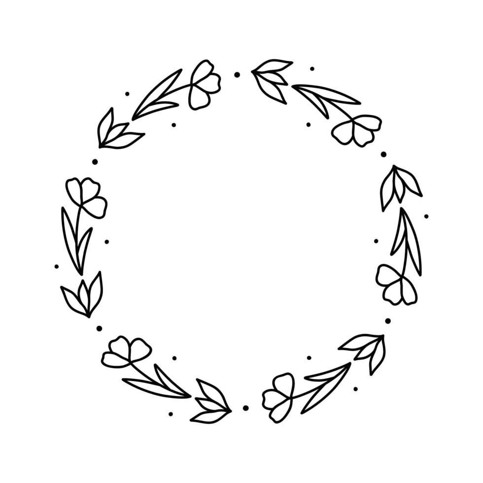 corona floral de primavera aislada sobre fondo blanco. marco redondo con flores. ilustración vectorial dibujada a mano en estilo garabato. perfecto para tarjetas, invitaciones, decoraciones, logo, varios diseños. vector