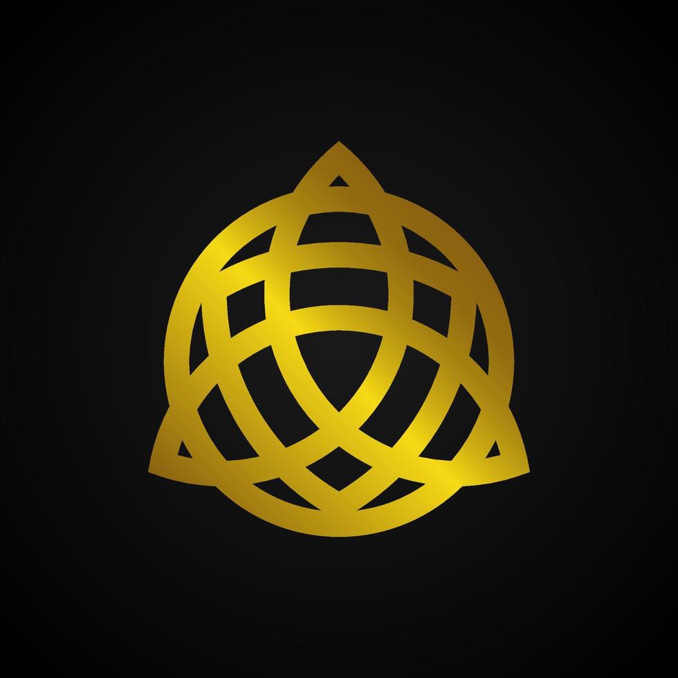 Trinity vector logo. A Wiccan symbol for protection. Vector golden Celtic trinity knot set isolated on black background. Wiccan divination symbol, ancient occult sign