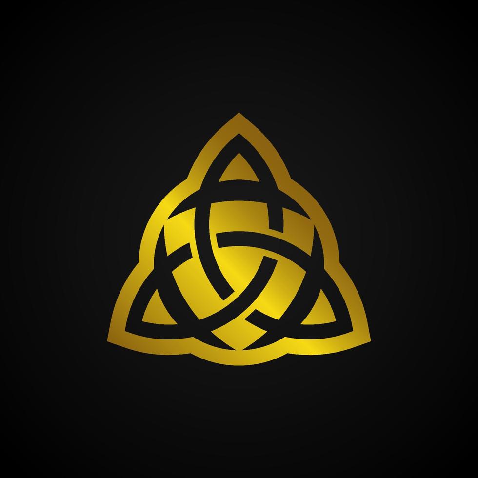 Trinity vector logo. A Wiccan symbol for protection. Vector golden Celtic trinity knot set isolated on black background. Wiccan divination symbol, ancient occult sign