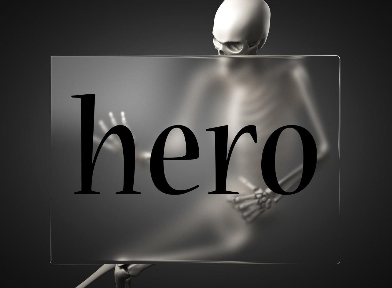 palabra de héroe sobre vidrio y esqueleto foto