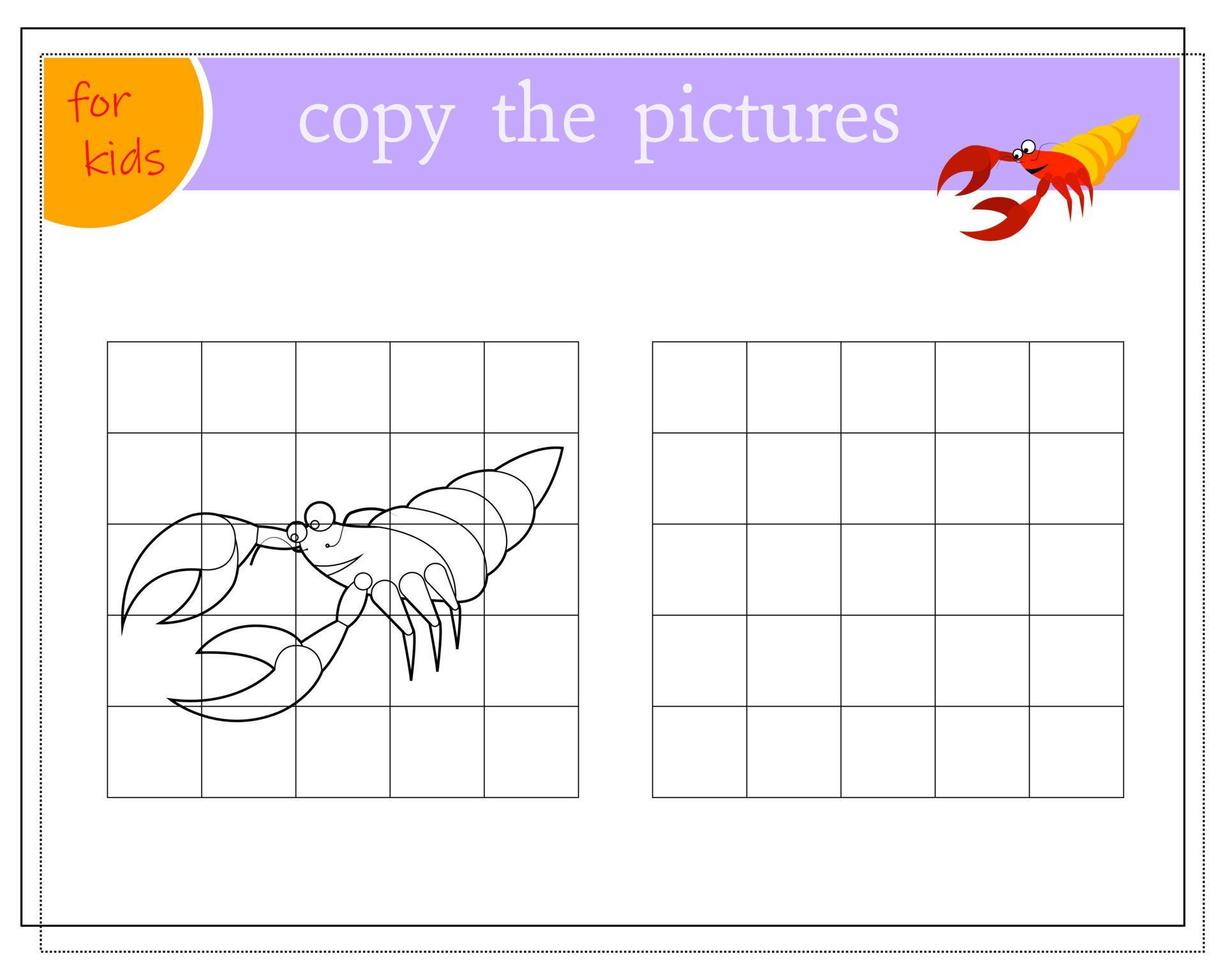 Copy the picture, educational games for children, cartoon hermit crab. vector