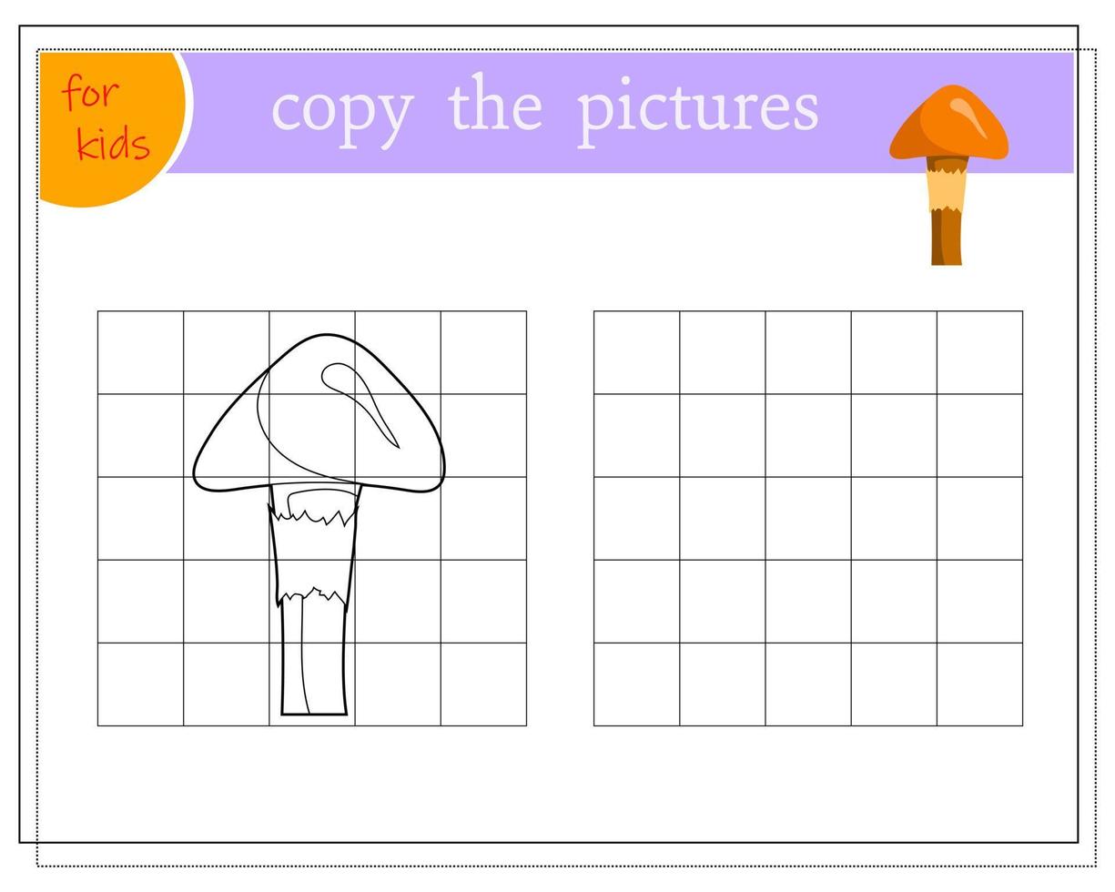 Copy the picture, educational games for children, cartoon mushroom. vector