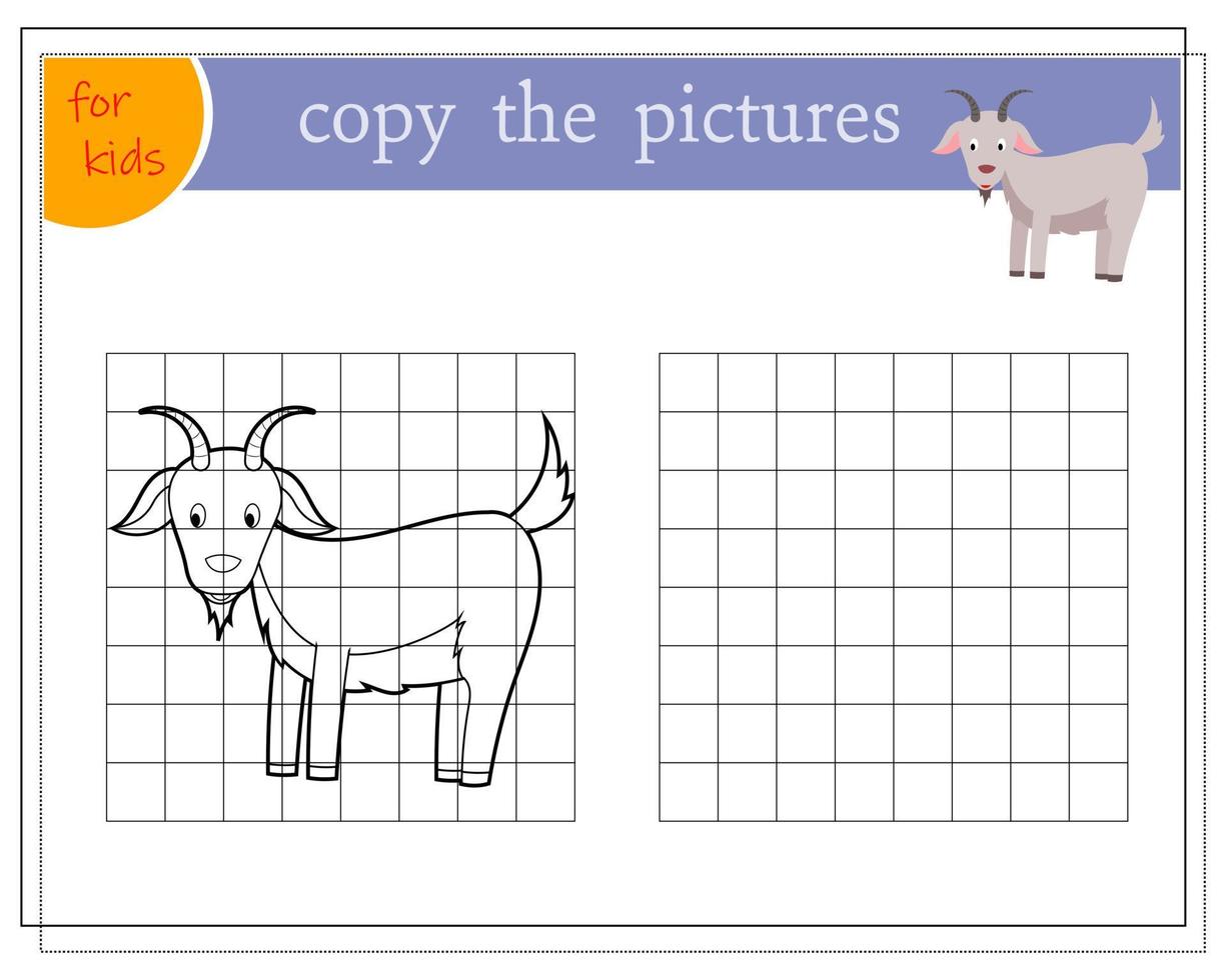copia la imagen, juegos educativos para niños, cabra bebé de dibujos animados. vector