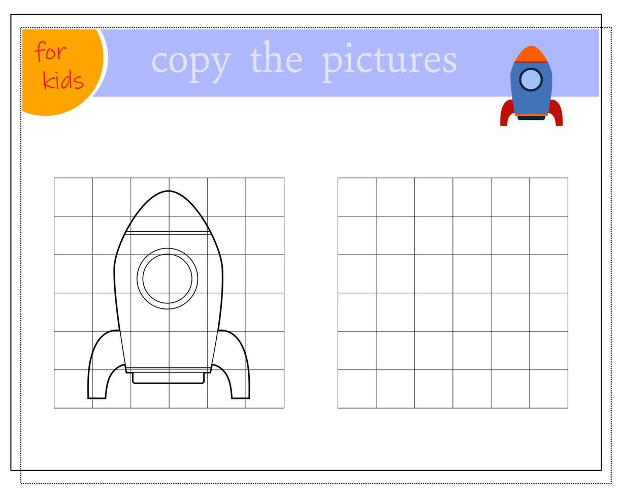 Copy the picture, educational games for children, cartoon toy rocket. vector isolated on white background