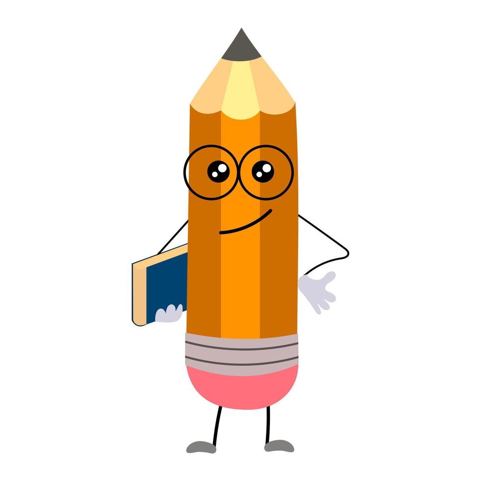 A happy cartoon pencil stands with a book and glasses. The humanized funny pencil is smiling. vector