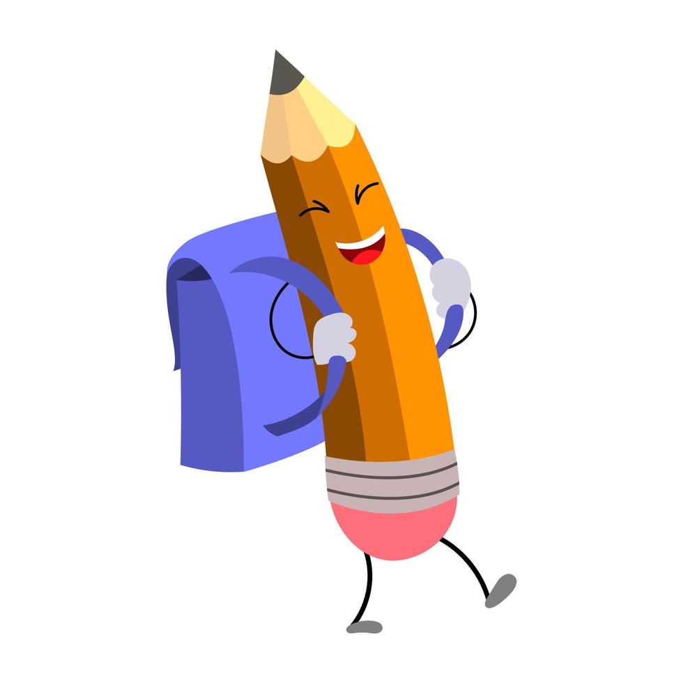 A happy cartoon pencil comes with a backpack. The humanized funny pencil is smiling. vector