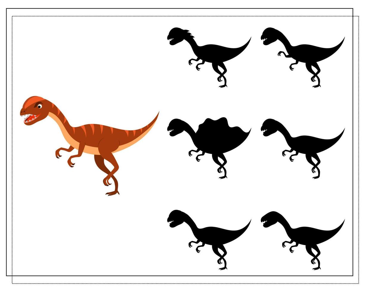 Children's logic game find the right shadow, cute cartoon dinosaur. vector