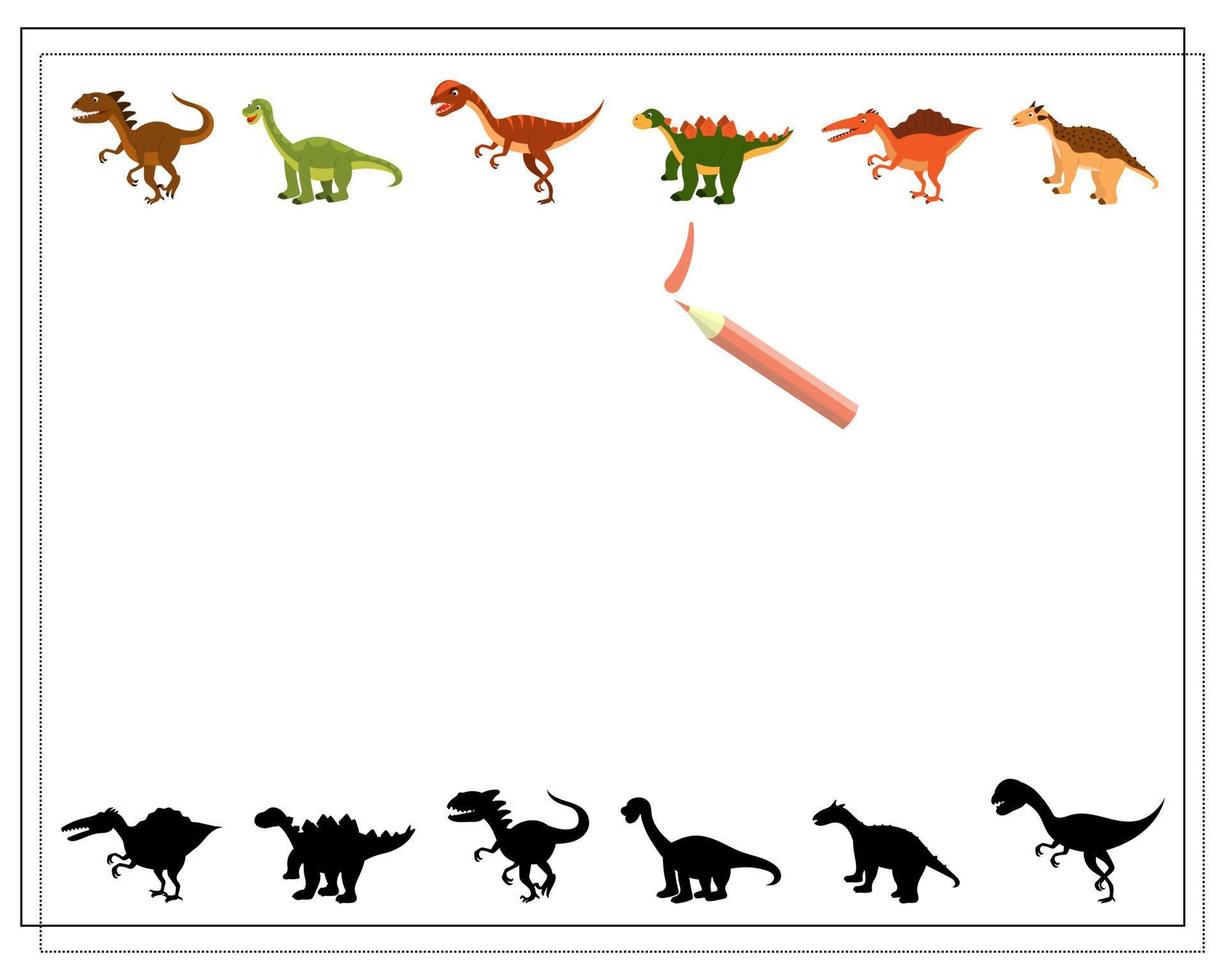 Children's logic game find the right shadow, cute cartoon dinosaur. vector