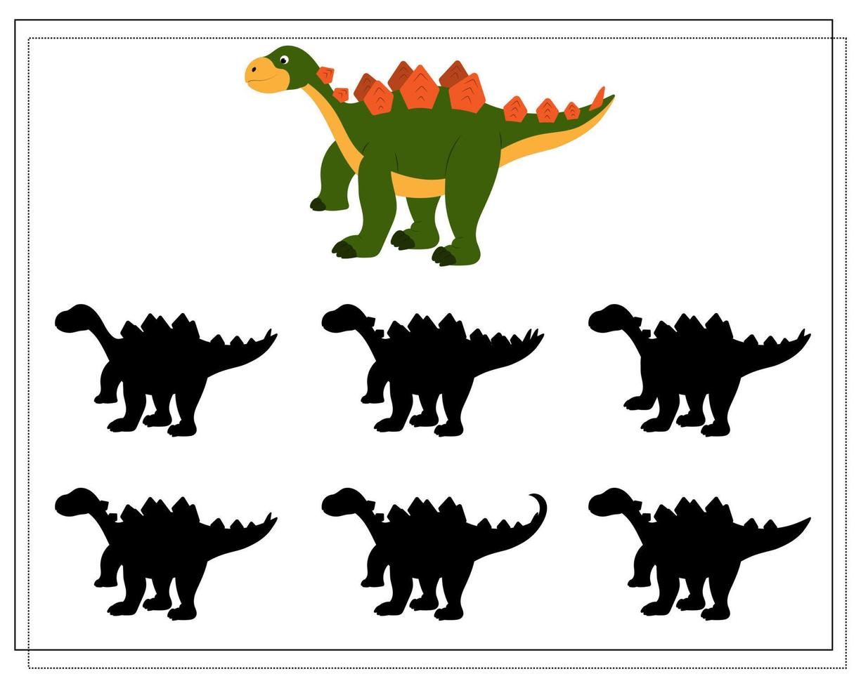 Children's logic game find the right shadow, cute cartoon dinosaur. vector