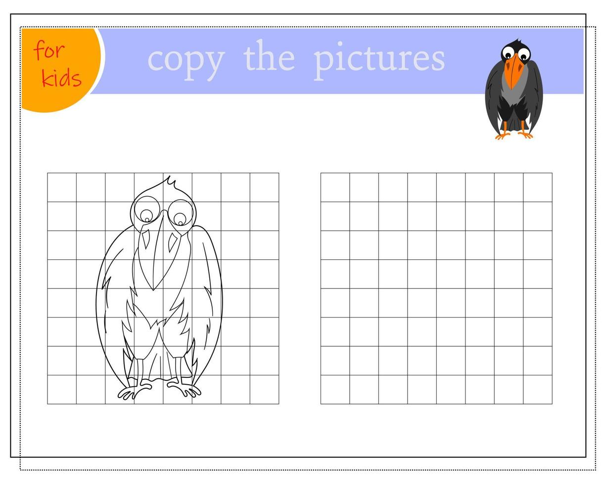 Copy the picture, educational games for children, cartoon crow. vector