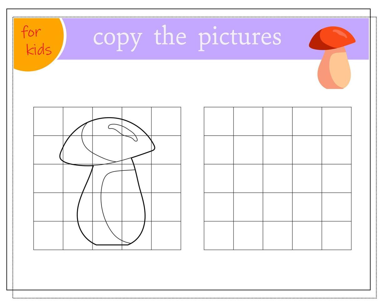 Copy the picture, educational games for children, cartoon mushroom. vector