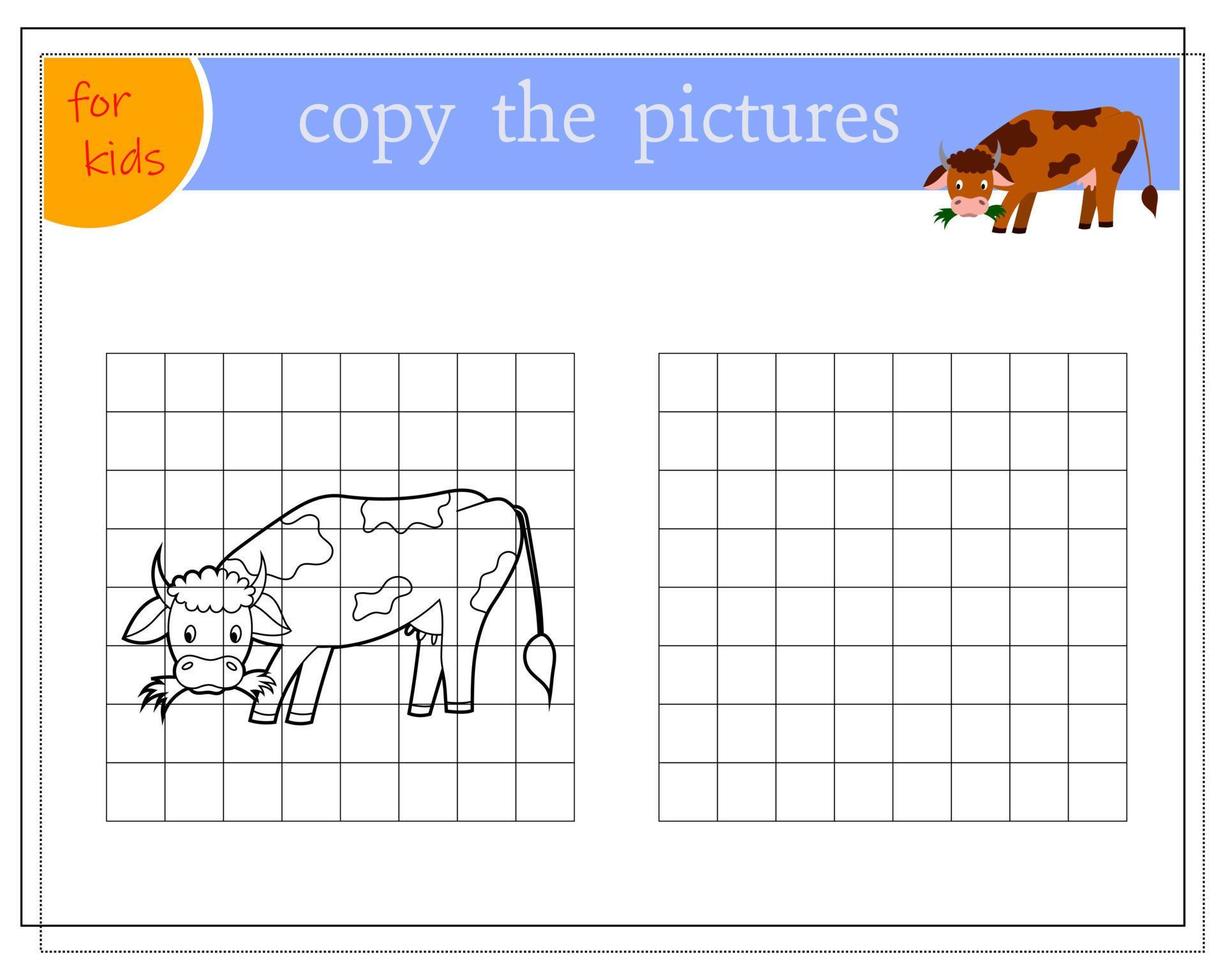 copia la imagen, juegos educativos para niños, vaca de dibujos animados. vector