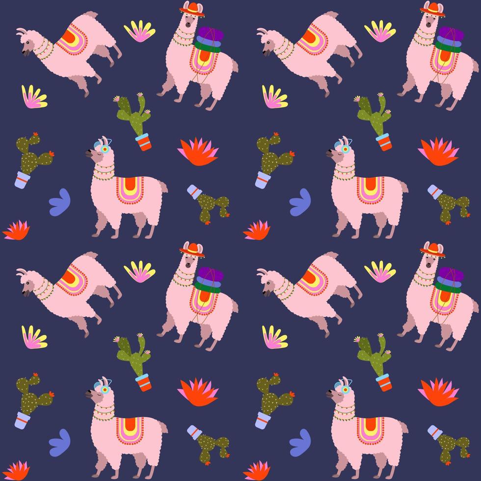 Cute seamless pattern of llama and cacti. Vector illustration on a blue background.