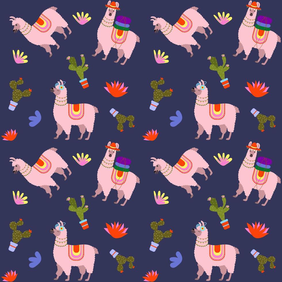 Cute seamless pattern of llama and cacti. Vector illustration on a blue background.