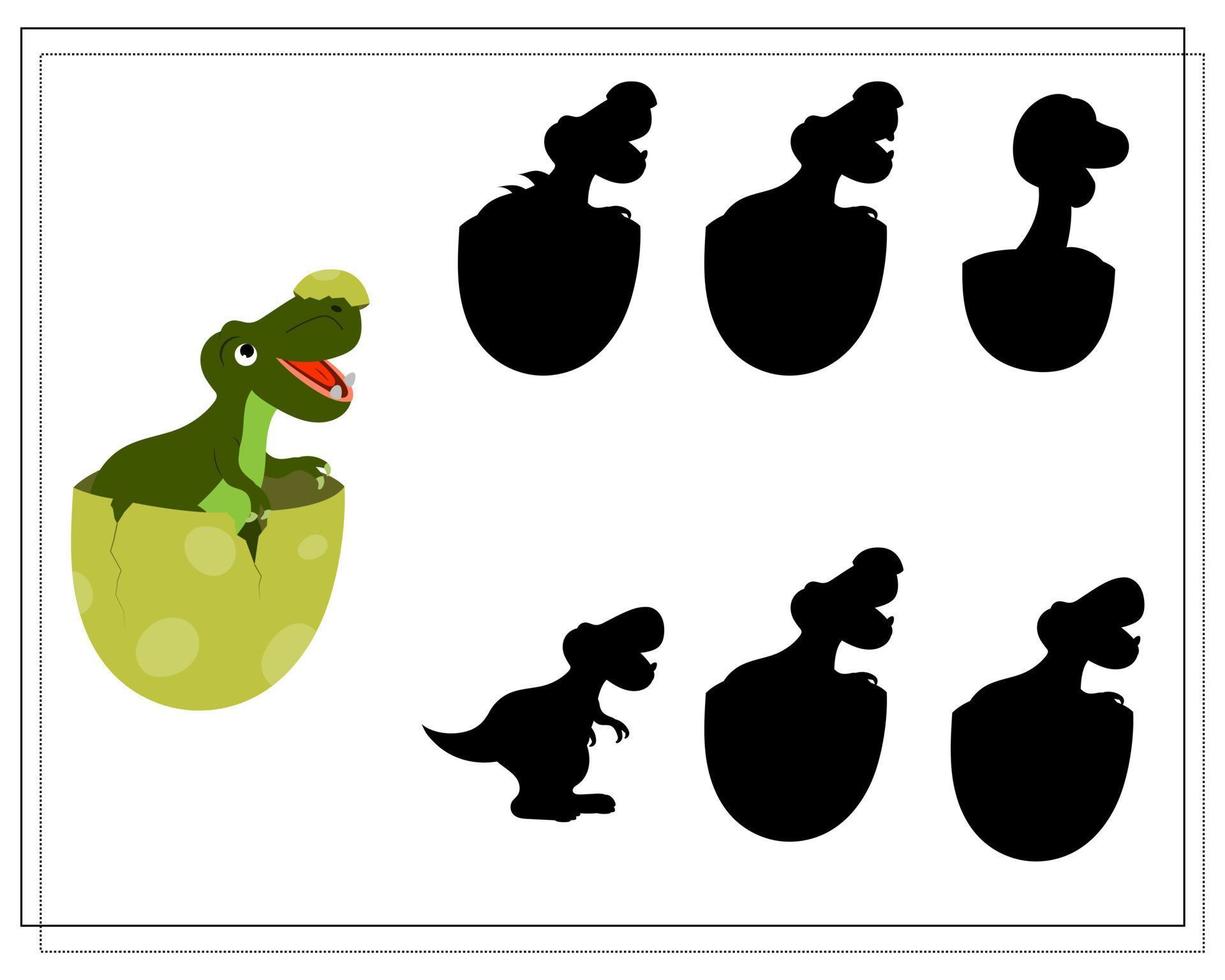 Children's logic game find the right shadow, cute cartoon dinosaur. vector
