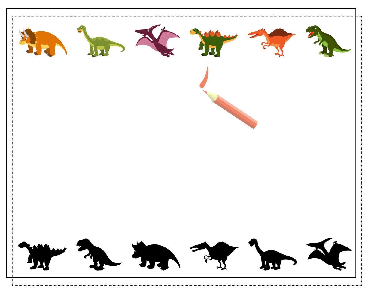 Children's logic game find the right shadow, cute cartoon dinosaur. vector